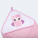 "Baby hooded towel with an owl design, crafted from gentle and absorbent fabric for babies."