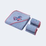 "Hooded baby towel with aeroplane design, perfect for keeping babies warm and cozy."