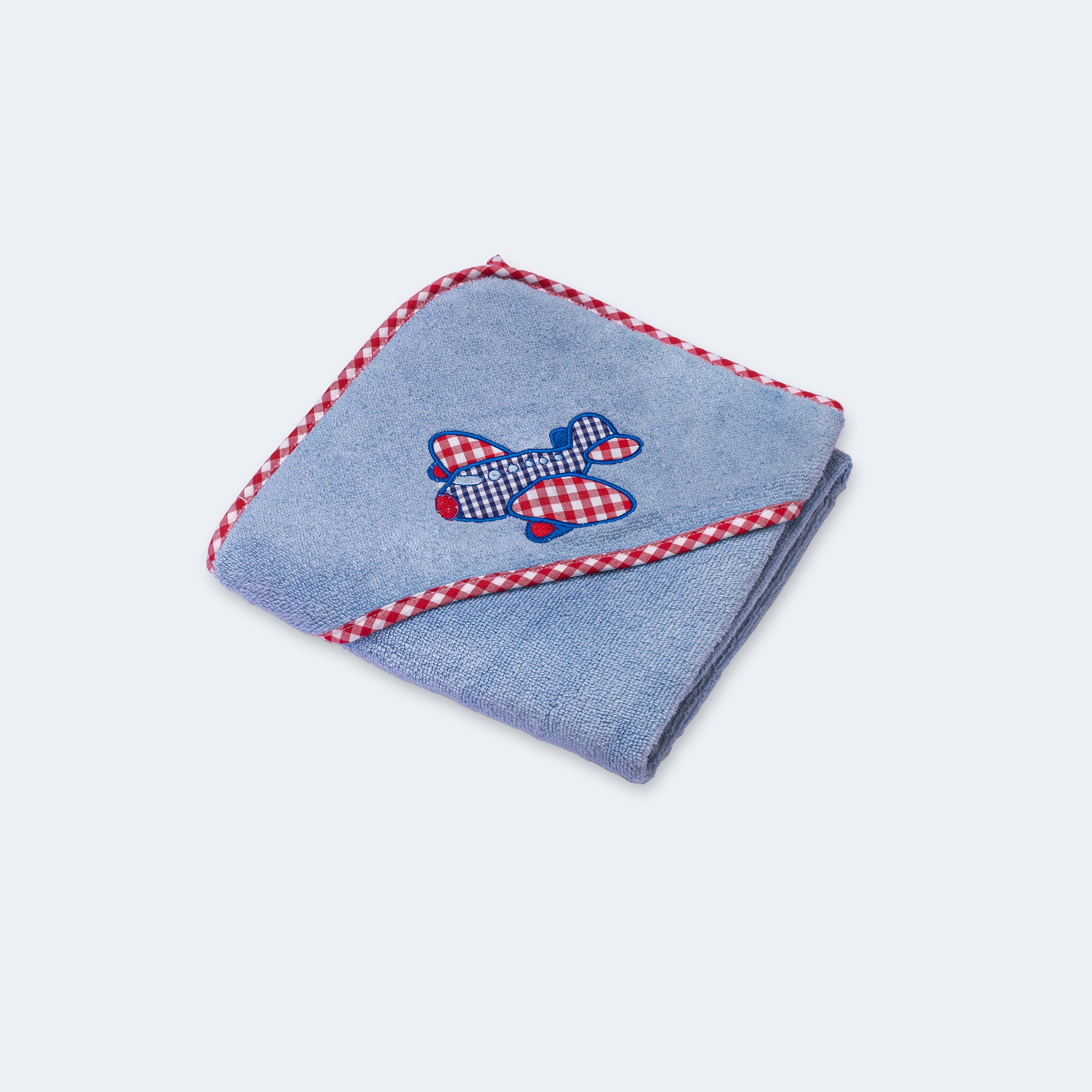 "Soft hooded baby towel featuring an aeroplane design for cozy and warm bath times."