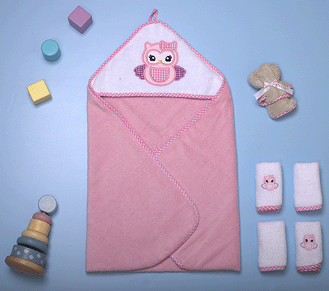 "Newborn baby hooded towel set with a cute owl design, crafted for soft and gentle care after bath."