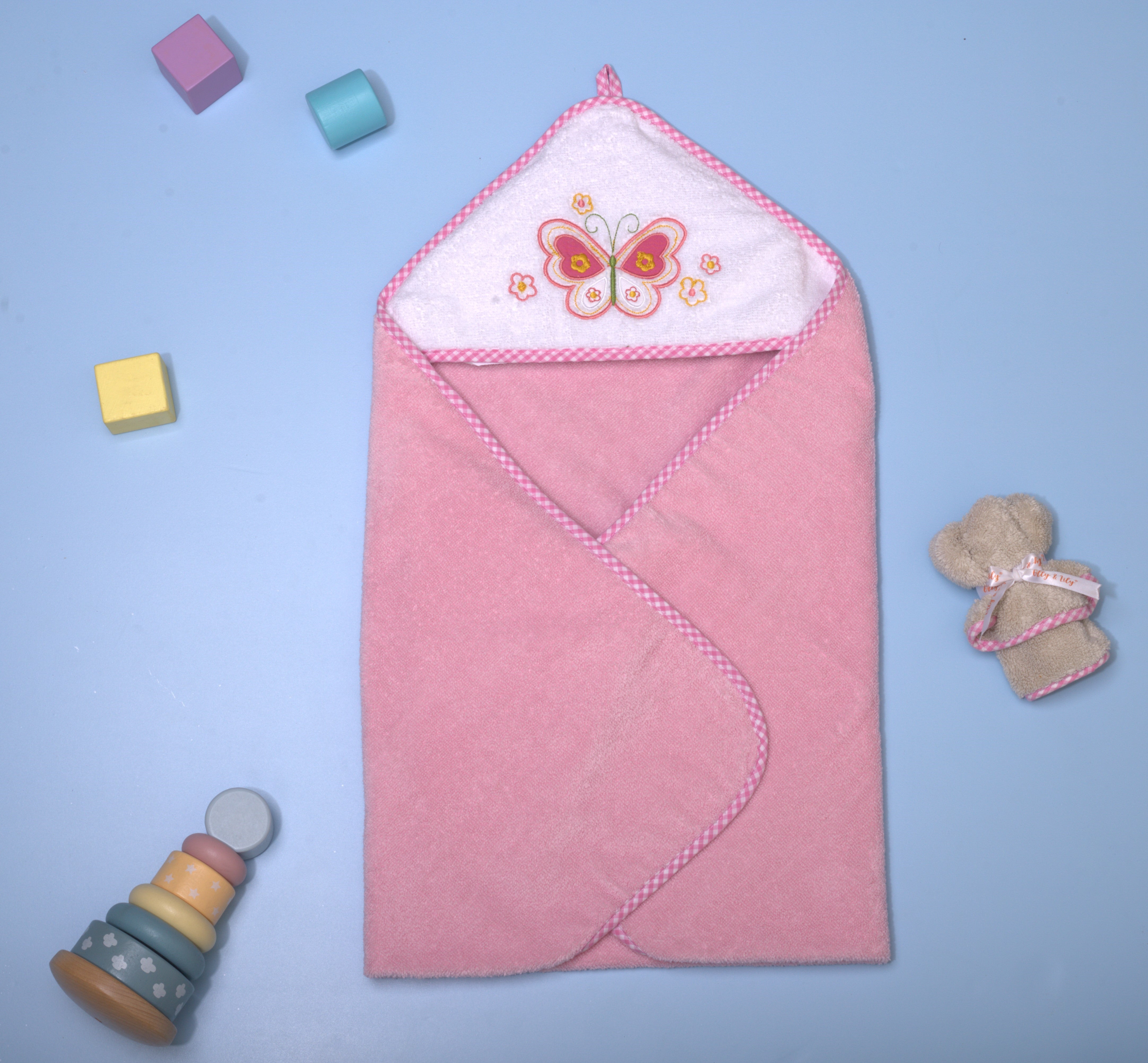 "Olly & Lily baby hooded towel with a delightful butterfly design, perfect for keeping your baby cozy."