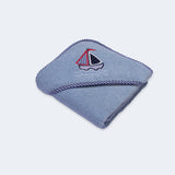 "Playful boat-themed baby hooded towel, providing gentle warmth and comfort for newborns."