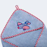 "Soft baby hooded towel set designed for comfort and care, featuring a cute aeroplane print."