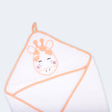 "Soft baby hooded towel with a playful cow pattern, ideal for gentle care and drying."